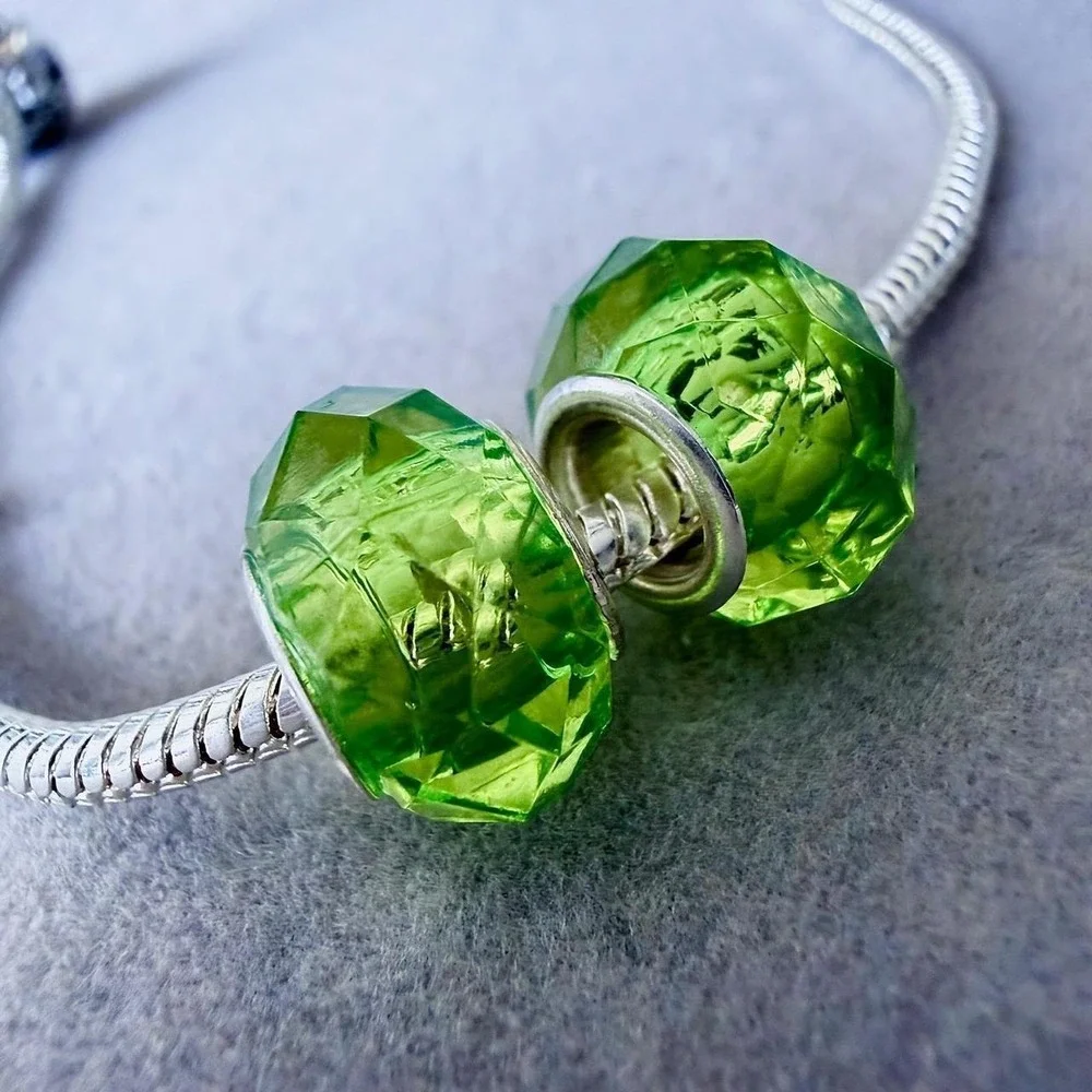 Set of 2 Faceted Lime Green Glass Charm Beads fits PANDORA